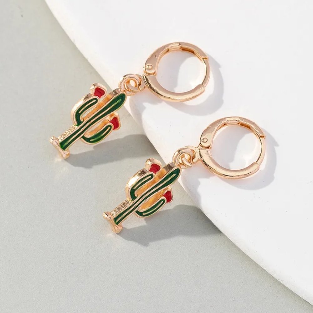 Gold & Green Desert Cactus Western Southwestern Dangle Huggie Earrings NEW - Picture 2 of 7